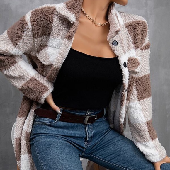 Cozy White Brown Plaid Teddy Button up Jacket Coat - Picture 4 of 4